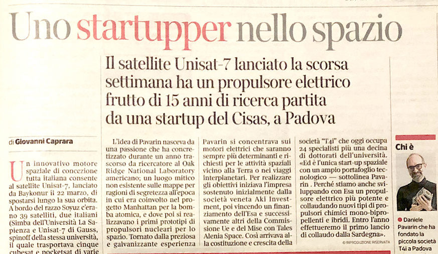 Corriere della Sera Innovazione: Uno startupper nello spazio